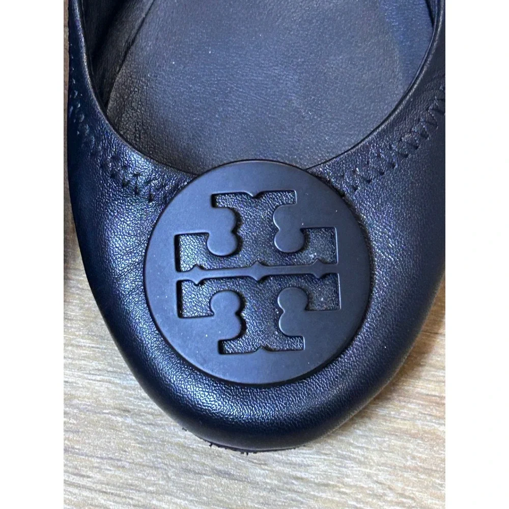 Tory Burch Minnie Travel Ballet Flats black‎ Leather Logo Medallion 7M 6098